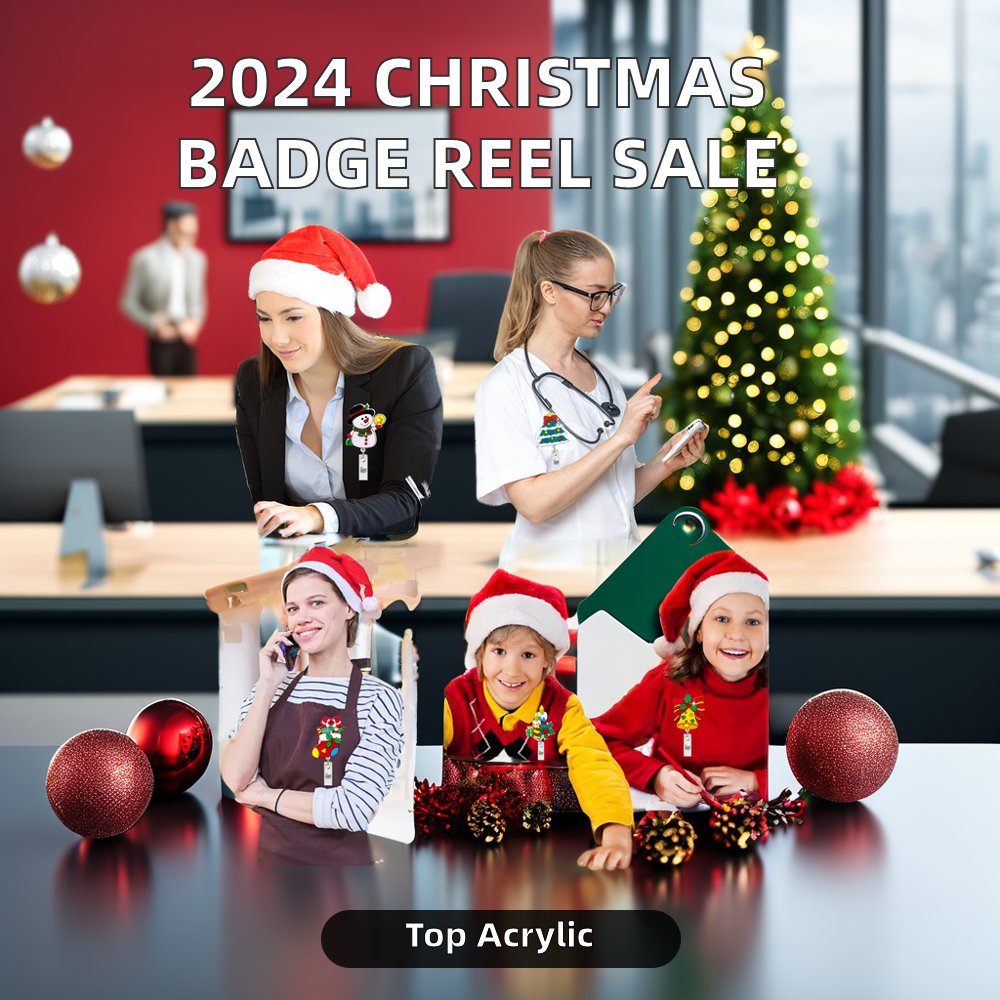 2024 Hot Sale Wholesale Christmas Cute Acrylic Charm Glitter Retractable Christmas Badge Reel ABS Plastic Name Tag Holder