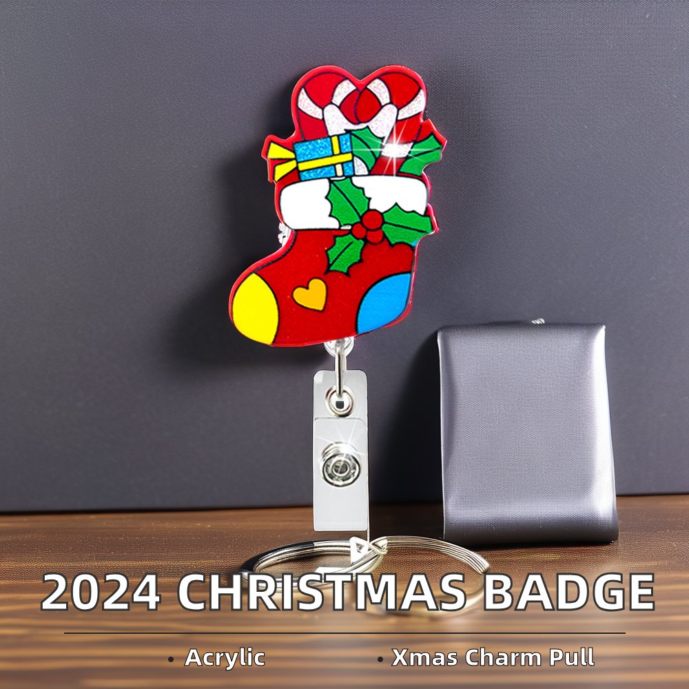 2024 Hot Sale Wholesale Christmas Cute Acrylic Charm Glitter Retractable Christmas Badge Reel ABS Plastic Name Tag Holder
