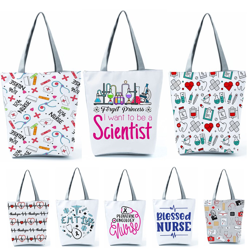 Wholesale Factory Custom Printed Logo Polyester Nursing Canvas Tote Bag Shopping Shoulder Bag With Zipper Nurse Gift