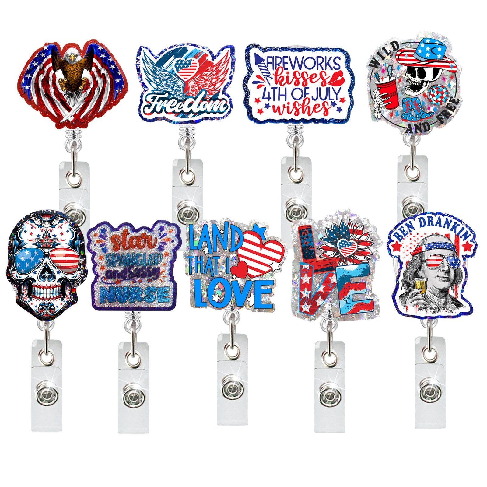 USA Independence Day Glitter Acrylic Badge Holder Mix Style Reel Accessories with Swivel Reel Alligator Clip For Nurse Doctor