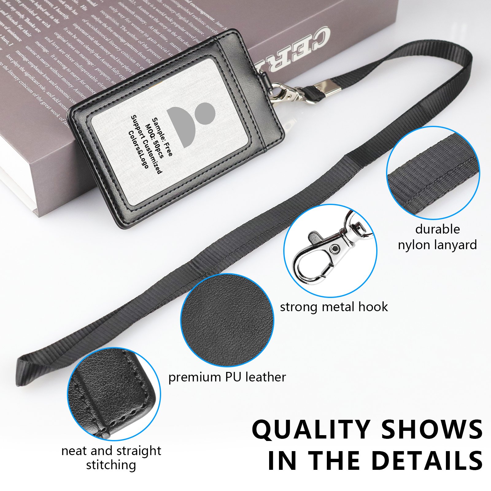High Quality Custom PU Leather badge holder Name ID Card Holder Vertical Horizontal with lanyard for Women &men