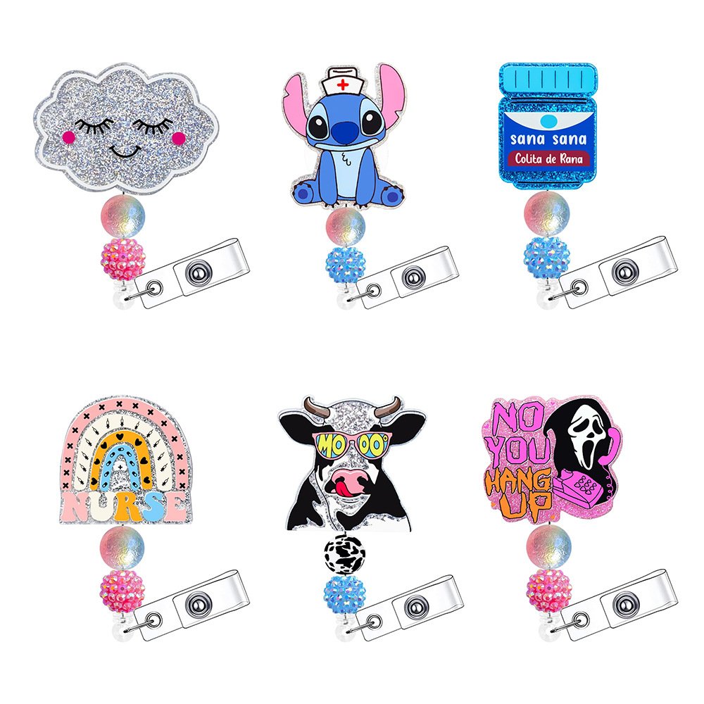 Acrylic Glitter Badge Reel Clip Nurse Accessories Medica ID Card Holder Badge Holder Retractable Badge Reel Holder with Beads