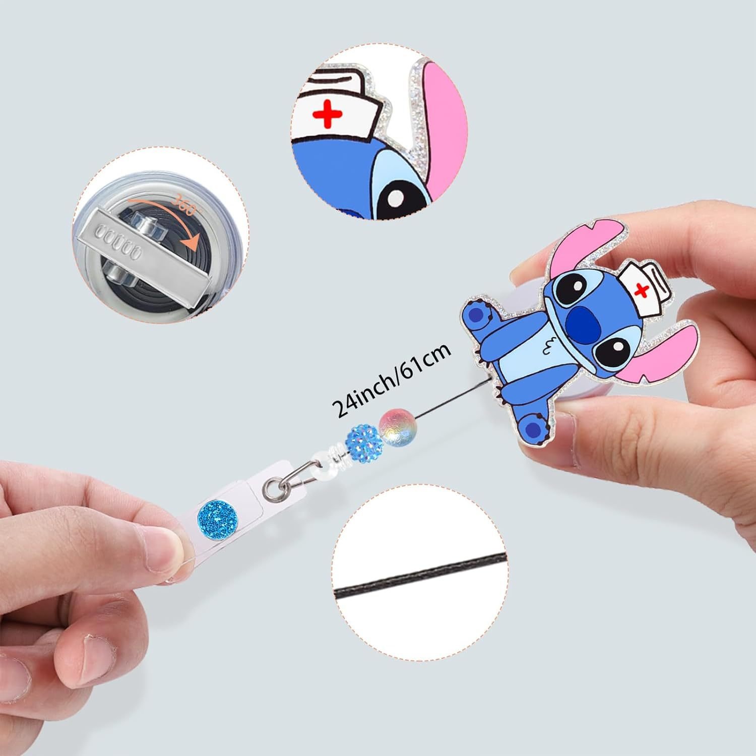 Acrylic Glitter Badge Reel Clip Nurse Accessories Medica ID Card Holder Badge Holder Retractable Badge Reel Holder with Beads