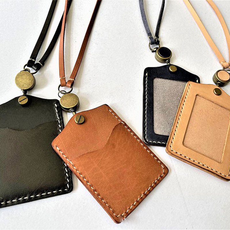 Custom Premium Durable PU Leather ID Badge Name Card Holder With Double Stitches Neck Straps Lanyards
