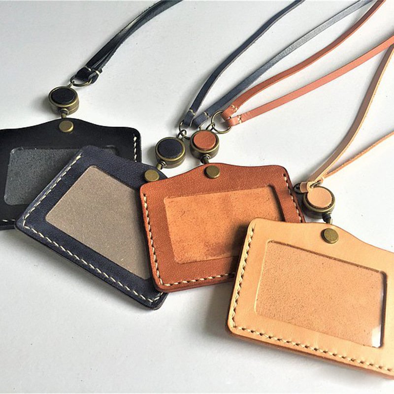 Custom Premium Durable PU Leather ID Badge Name Card Holder With Double Stitches Neck Straps Lanyards