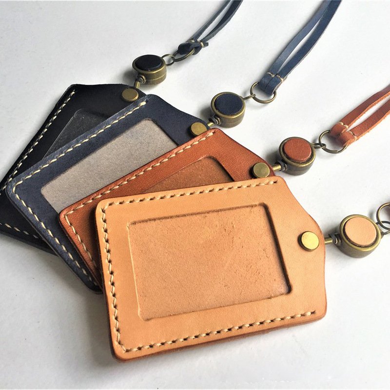 Custom Premium Durable PU Leather ID Badge Name Card Holder With Double Stitches Neck Straps Lanyards