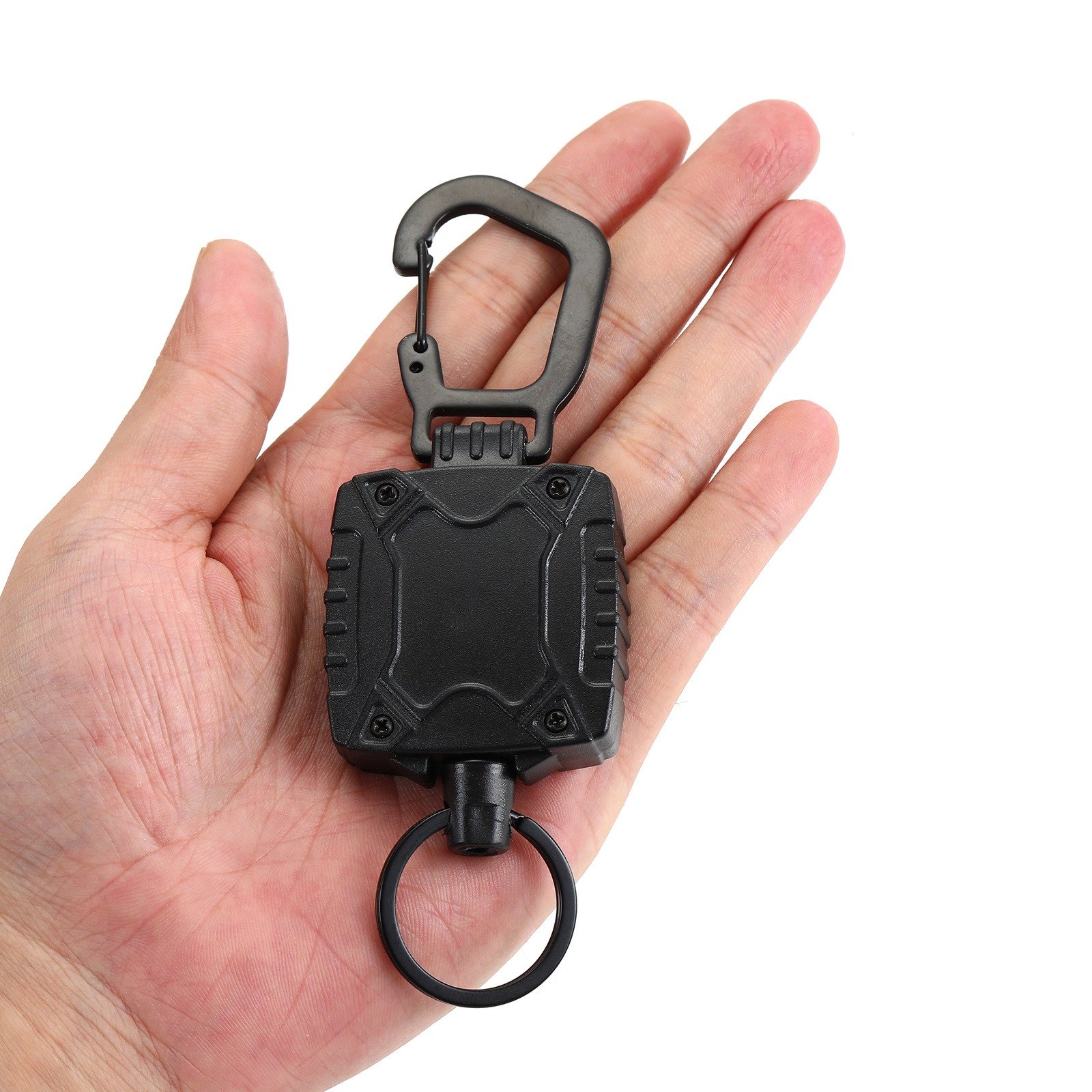 Outdoor Tactical Retractable Keychain Heavy Duty Durable Wire Rope Carabiner Badge Holder Reel