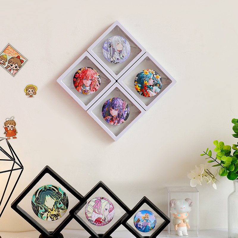 5cm 7cm Square Clear PE Film Suspension Box Custom Logo 3D Floating Frame Display Case for Jewelry Cartoon Badge