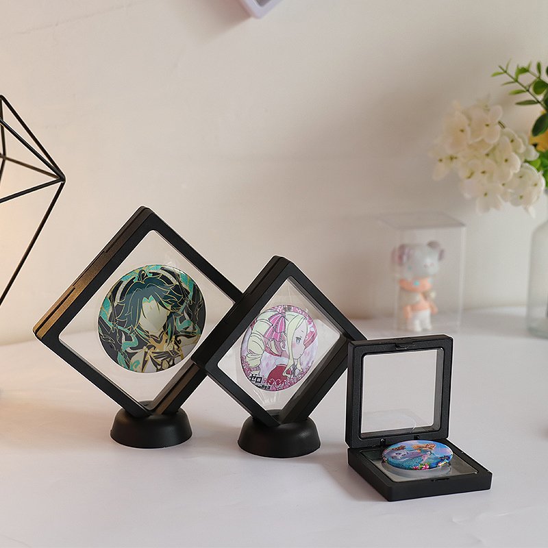 5cm 7cm Square Clear PE Film Suspension Box Custom Logo 3D Floating Frame Display Case for Jewelry Cartoon Badge