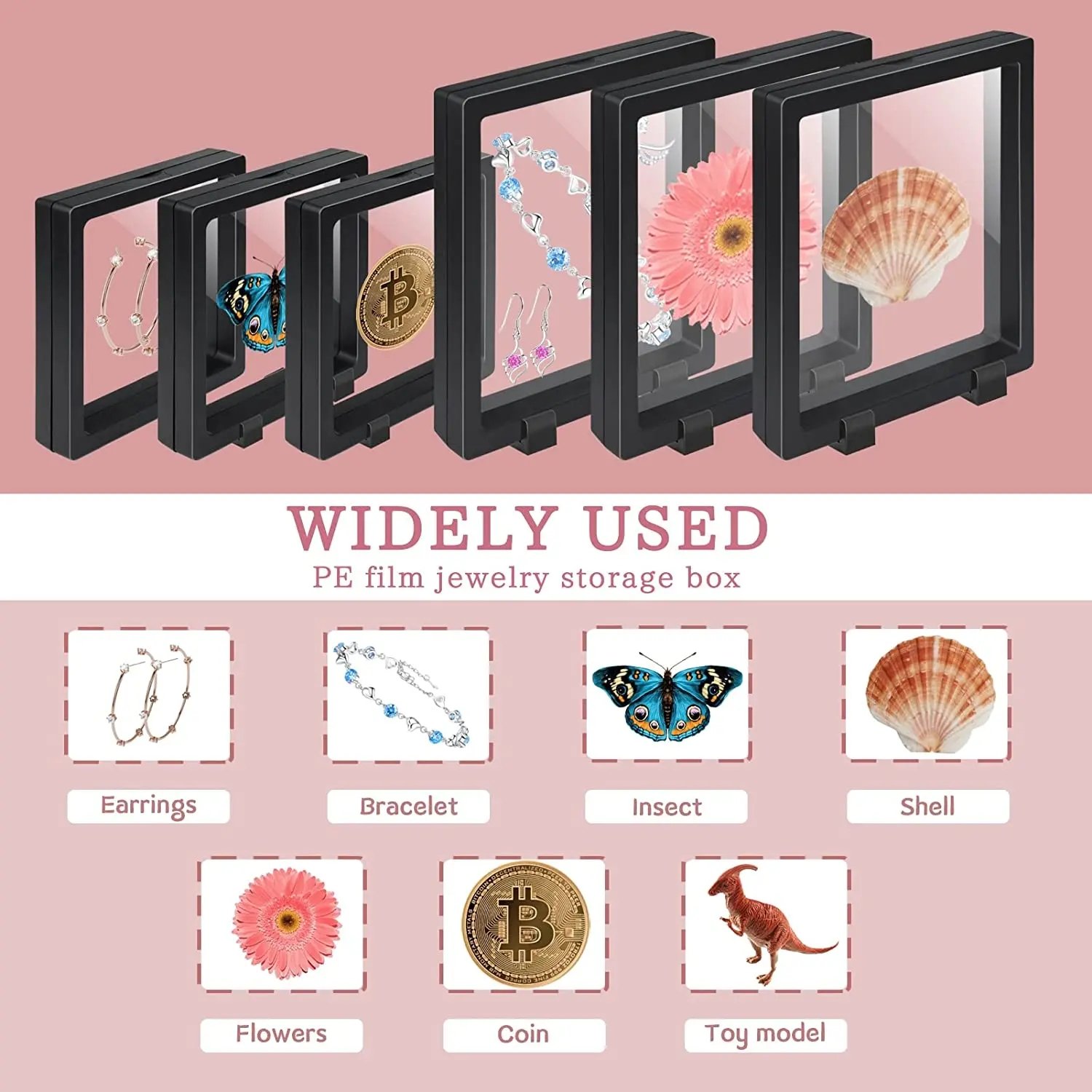 5cm 7cm Square Clear PE Film Suspension Box Custom Logo 3D Floating Frame Display Case for Jewelry Cartoon Badge