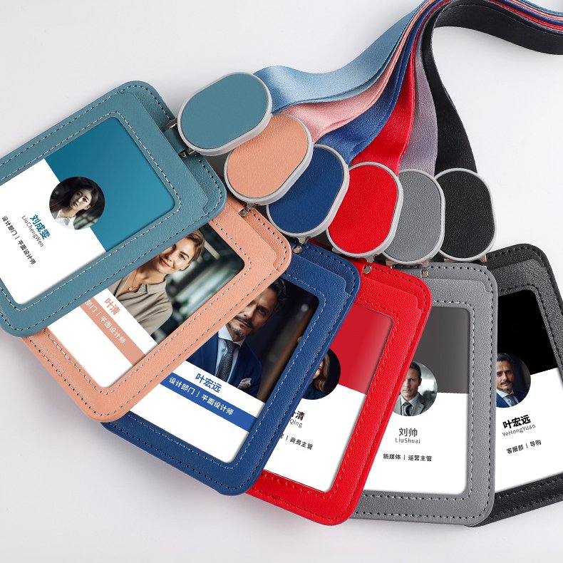 Custom Retractable Lanyard with PU Leather ID Card Holder Name Badge Holder for Office Workers Employees for Business Cards