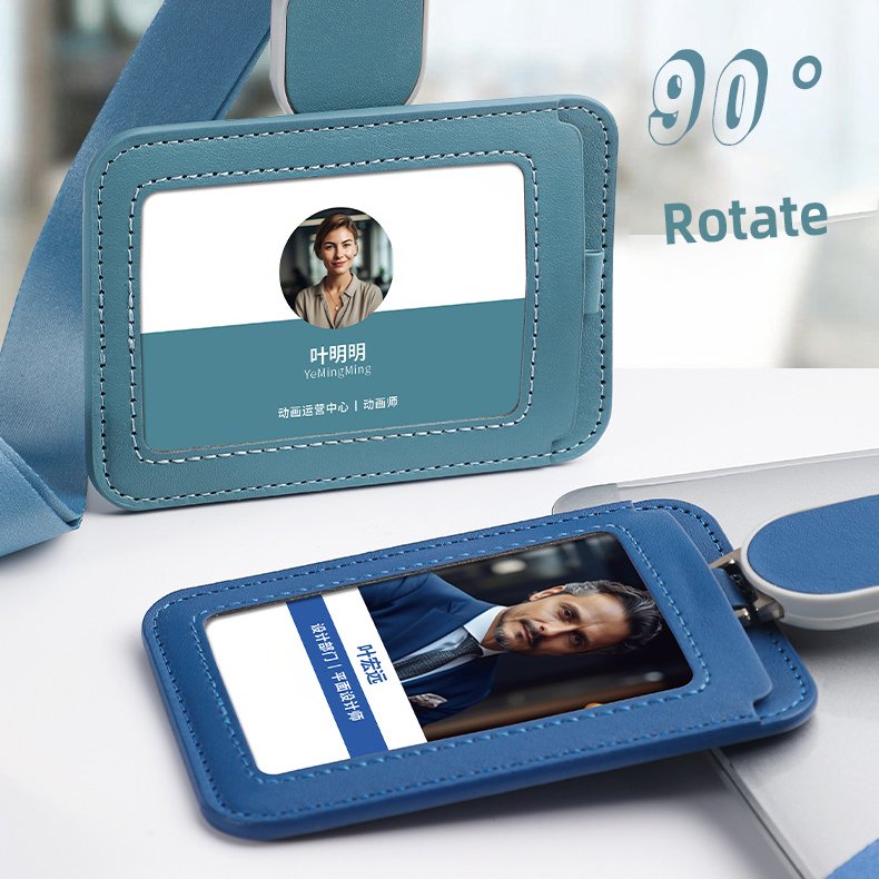 Custom Retractable Lanyard with PU Leather ID Card Holder Name Badge Holder for Office Workers Employees for Business Cards