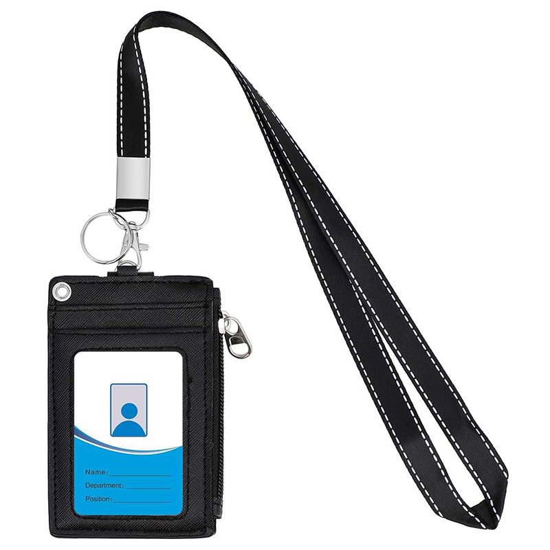 2-Sided 5 Card Slots Zippered Pocket Lanyard Keychain PU Wallet ID Card Badge Holder Leather