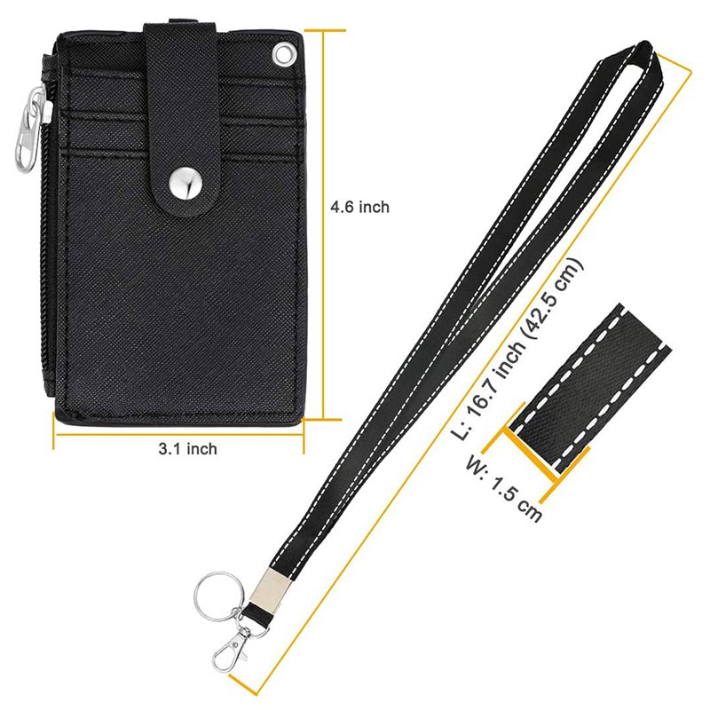 2-Sided 5 Card Slots Zippered Pocket Lanyard Keychain PU Wallet ID Card Badge Holder Leather