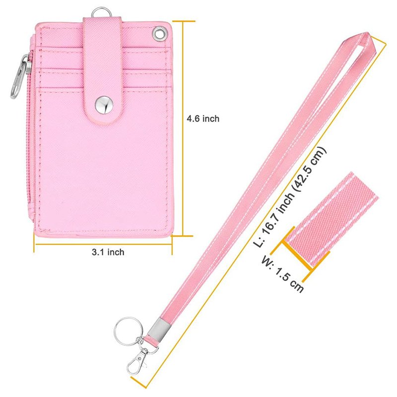 2-Sided 5 Card Slots Zippered Pocket Lanyard Keychain PU Wallet ID Card Badge Holder Leather
