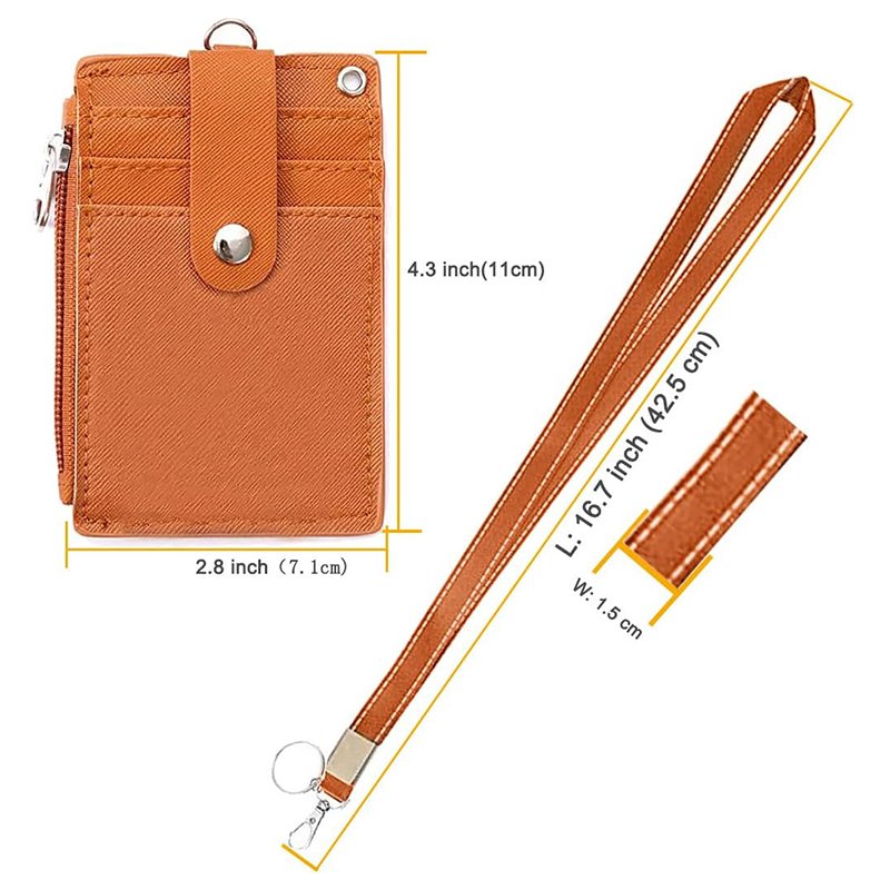 2-Sided 5 Card Slots Zippered Pocket Lanyard Keychain PU Wallet ID Card Badge Holder Leather