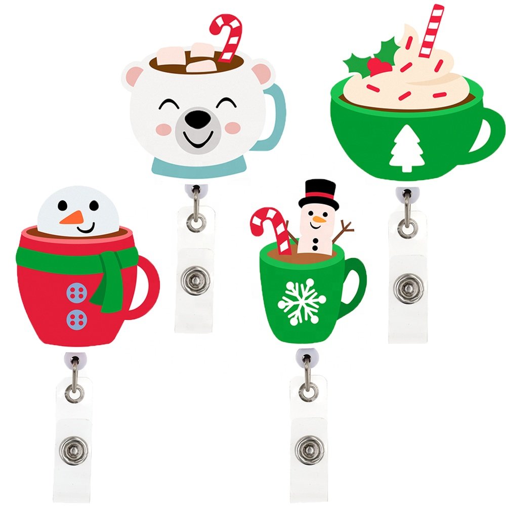 Mix Style Christmas Series Badge Holder Red Green Christmas Tree Coffee Snowman Bear Acrylic Badge Reel For Holiday Accessories