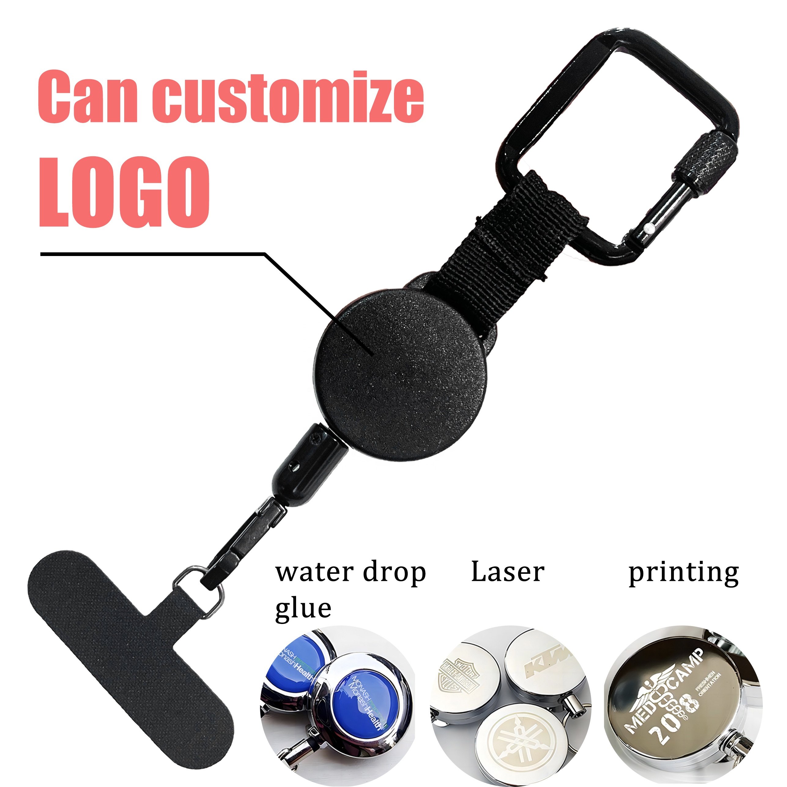 P-048 Custom logo Mult Function Lanyard Retractable Badge Reel Keychain with Stainless Cable Key Holder Hook Loop for Phone