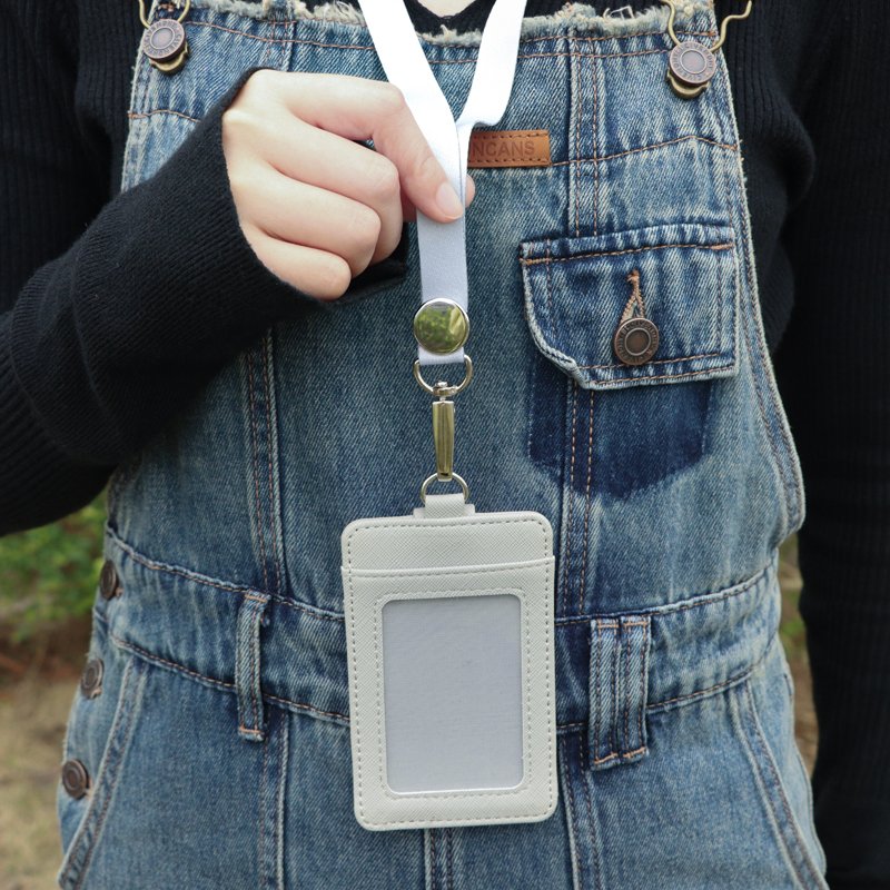 PU Leather Badge Holder with Neck Lanyard Strap ID Badge Wallet Case 4 Card Slots ID Name Badge Card Holder for Office Staffs