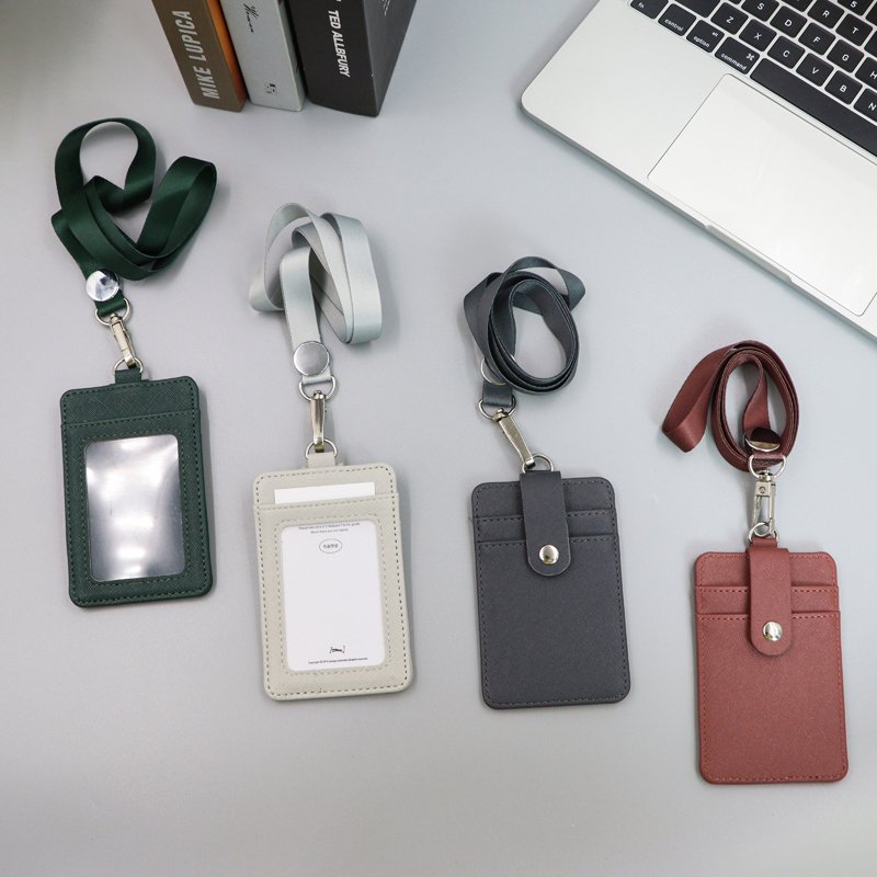 PU Leather Badge Holder with Neck Lanyard Strap ID Badge Wallet Case 4 Card Slots ID Name Badge Card Holder for Office Staffs