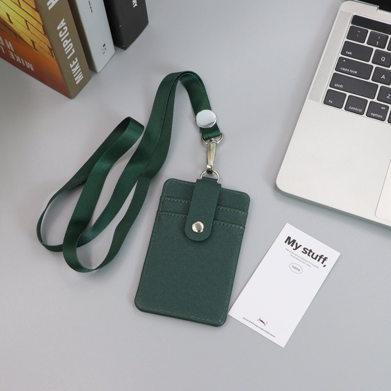 PU Leather Badge Holder with Neck Lanyard Strap ID Badge Wallet Case 4 Card Slots ID Name Badge Card Holder for Office Staffs