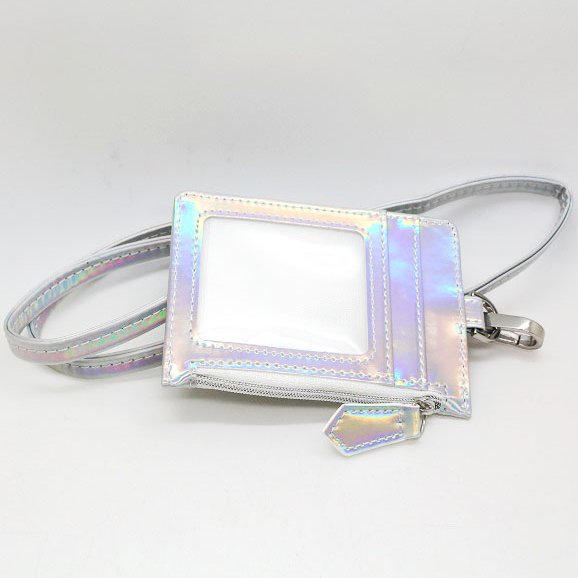 Fashion glitter laser PU holographic Badge Holder Lanyard with 4 Card Slot and Side Zipper Pocket