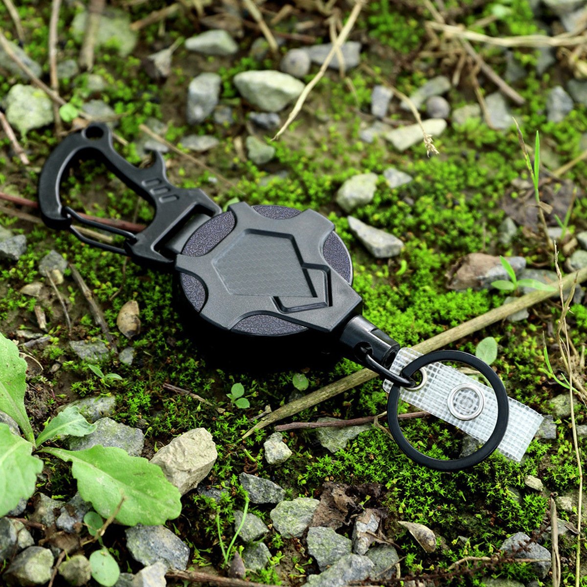 Outdoor 46mm Heavy Duty Carbon Fibre Retractable Badge Reels Holder Clip Keychain with Retract Bottle Opener Carabiner