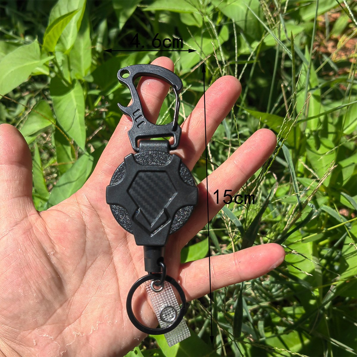 Outdoor 46mm Heavy Duty Carbon Fibre Retractable Badge Reels Holder Clip Keychain with Retract Bottle Opener Carabiner