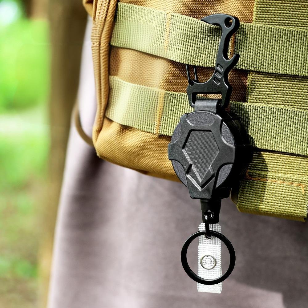 Outdoor 46mm Heavy Duty Carbon Fibre Retractable Badge Reels Holder Clip Keychain with Retract Bottle Opener Carabiner