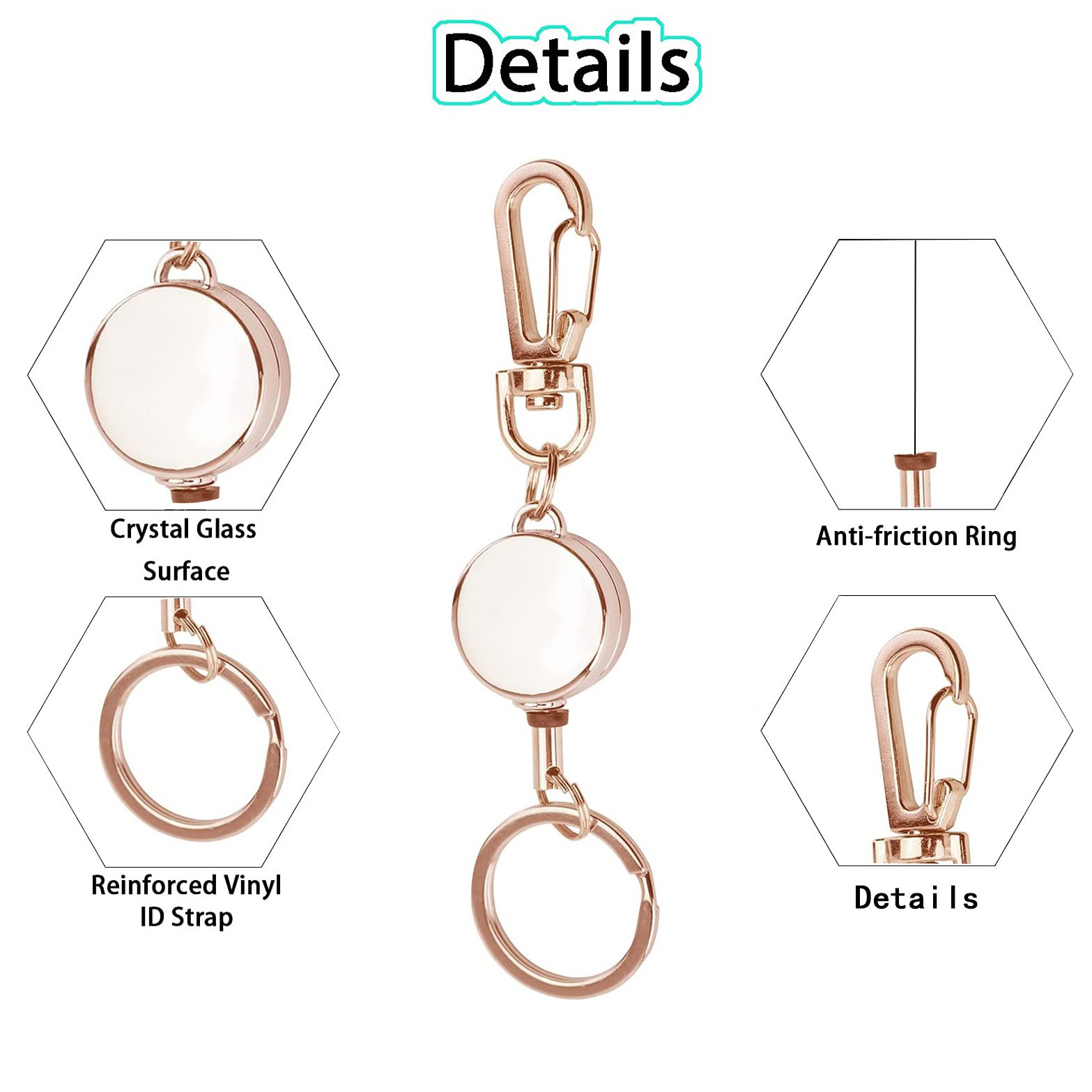 BSBH Silver Rose Golden Metal Retractable Badge Holders With Carabiner Reel Clip