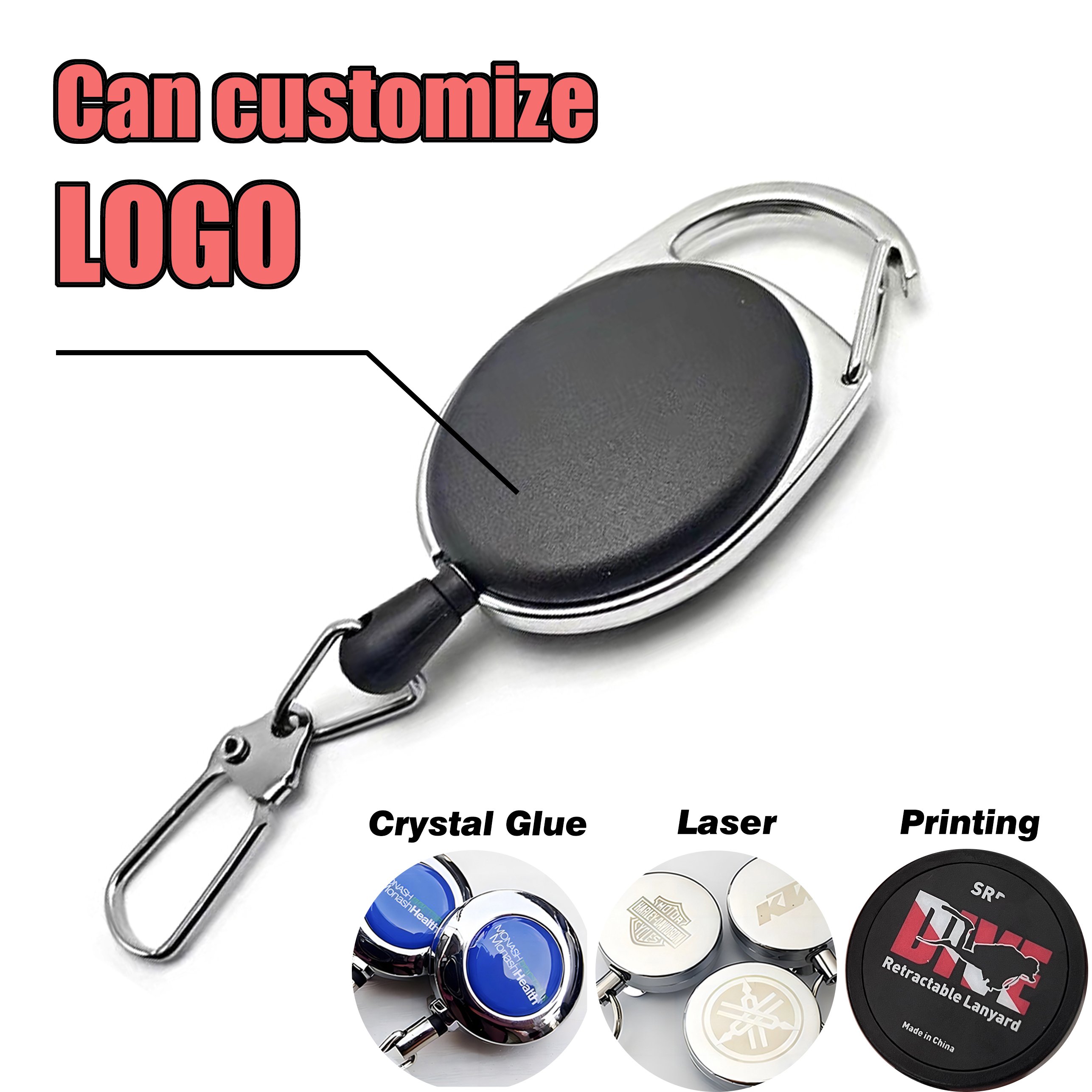 P-086 Custom Logo Plastic Ellipse Retractable Badge Reel Extendable Fly Fishing Line Nipper Cutter Retract Holder