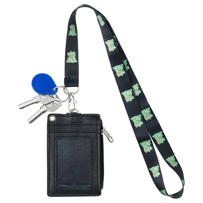 2-Sided 5 Card Slots Zippered Pocket Keychain Lanyard Cartoon Alligator PU Leather ID Card Wallet ID Badge Holder