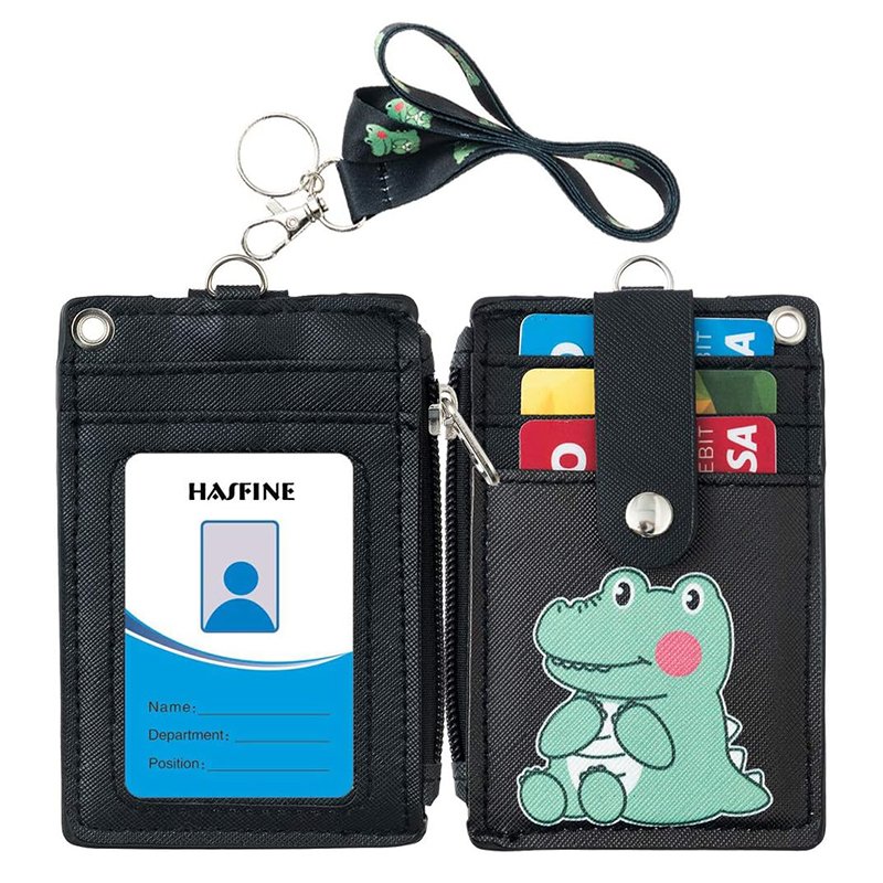2-Sided 5 Card Slots Zippered Pocket Keychain Lanyard Cartoon Alligator PU Leather ID Card Wallet ID Badge Holder