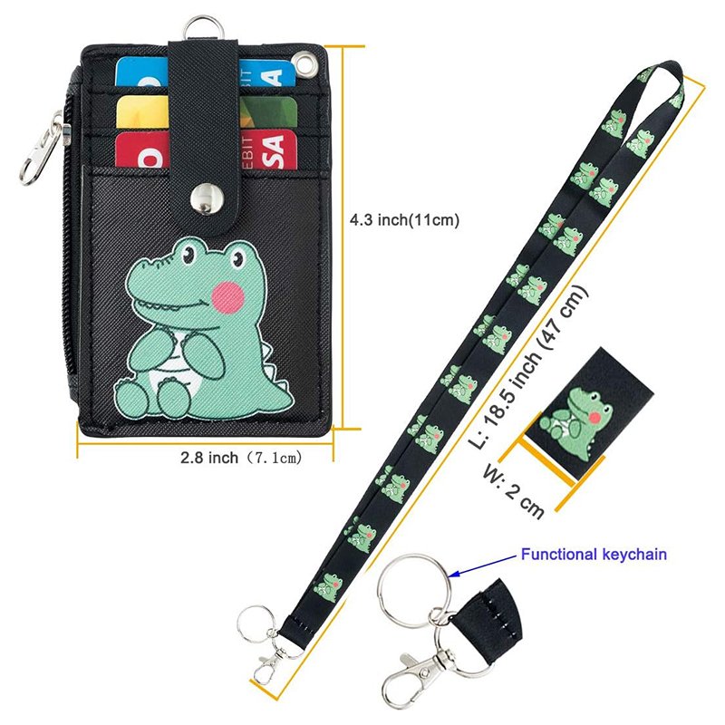 2-Sided 5 Card Slots Zippered Pocket Keychain Lanyard Cartoon Alligator PU Leather ID Card Wallet ID Badge Holder