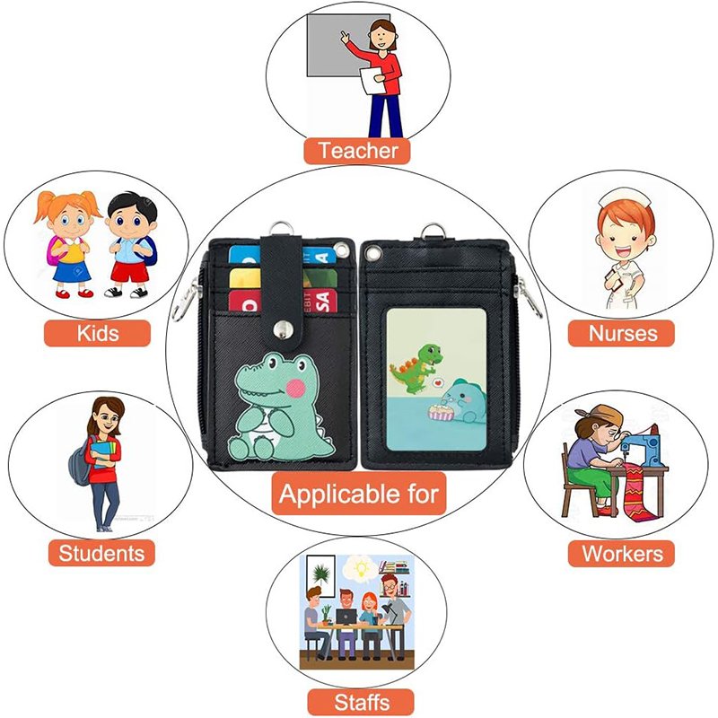 2-Sided 5 Card Slots Zippered Pocket Keychain Lanyard Cartoon Alligator PU Leather ID Card Wallet ID Badge Holder