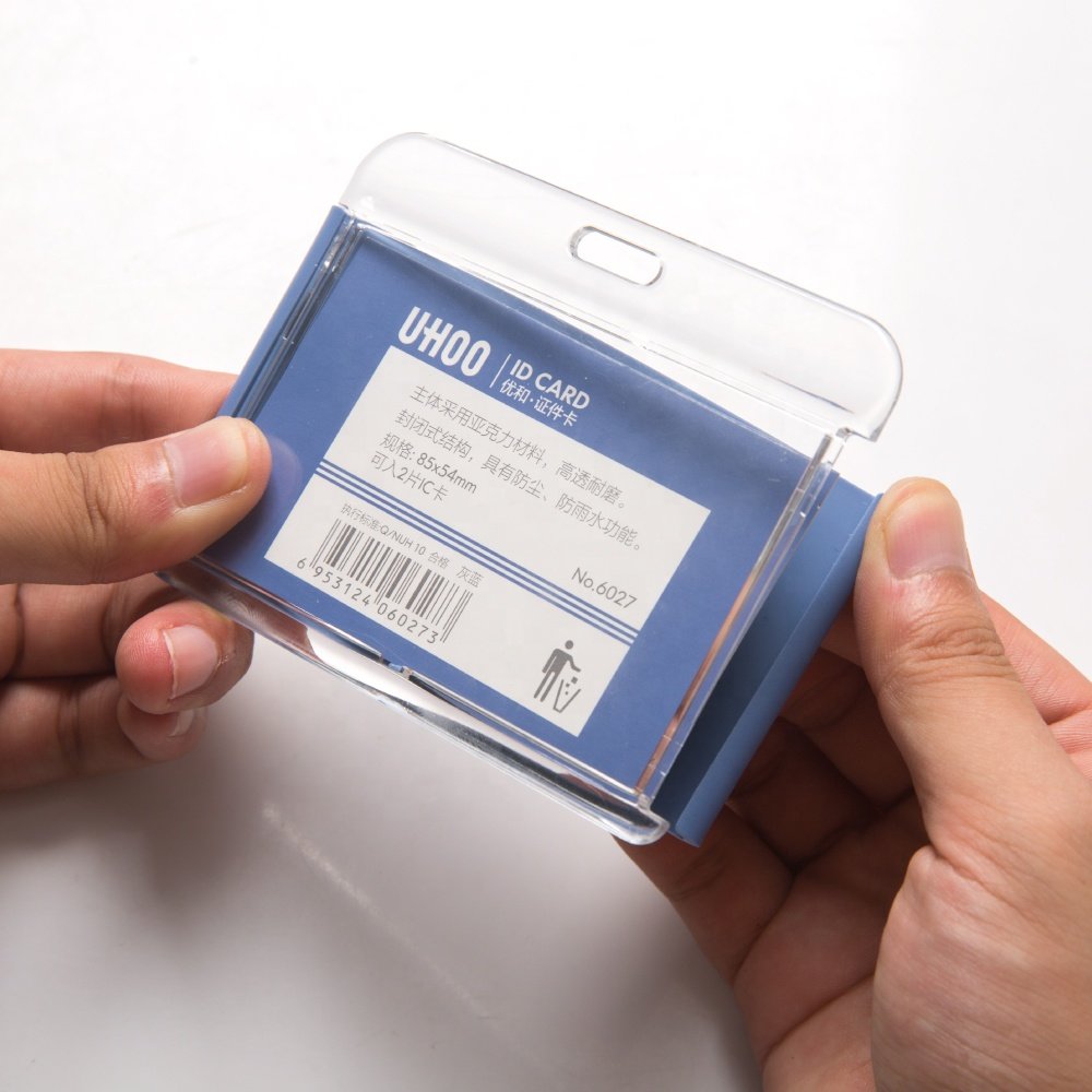 UHOO High Quality Acrylic Horizontal plastic id card holder Waterproof Name Badge Business Card Holder For Doctors Nurse