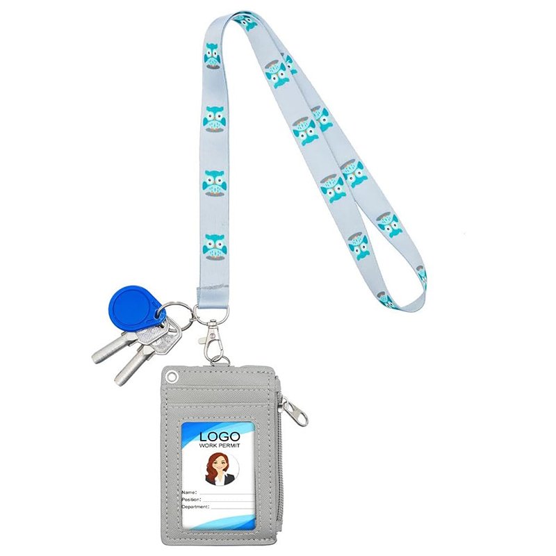 2-Sided 5 Card Slots Zippered Pocket Lanyard Keychain Anime Owl PU Leather Wallet ID Card Badge Holder