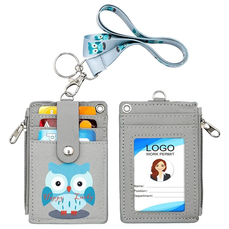 2-Sided 5 Card Slots Zippered Pocket Lanyard Keychain Anime Owl PU Leather Wallet ID Card Badge Holder