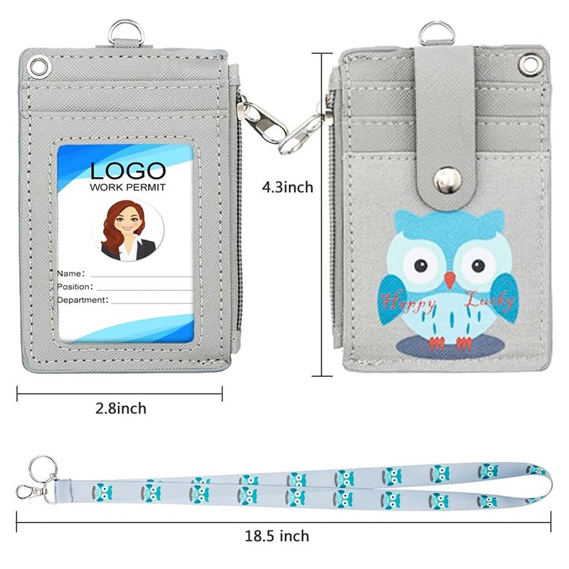 2-Sided 5 Card Slots Zippered Pocket Lanyard Keychain Anime Owl PU Leather Wallet ID Card Badge Holder