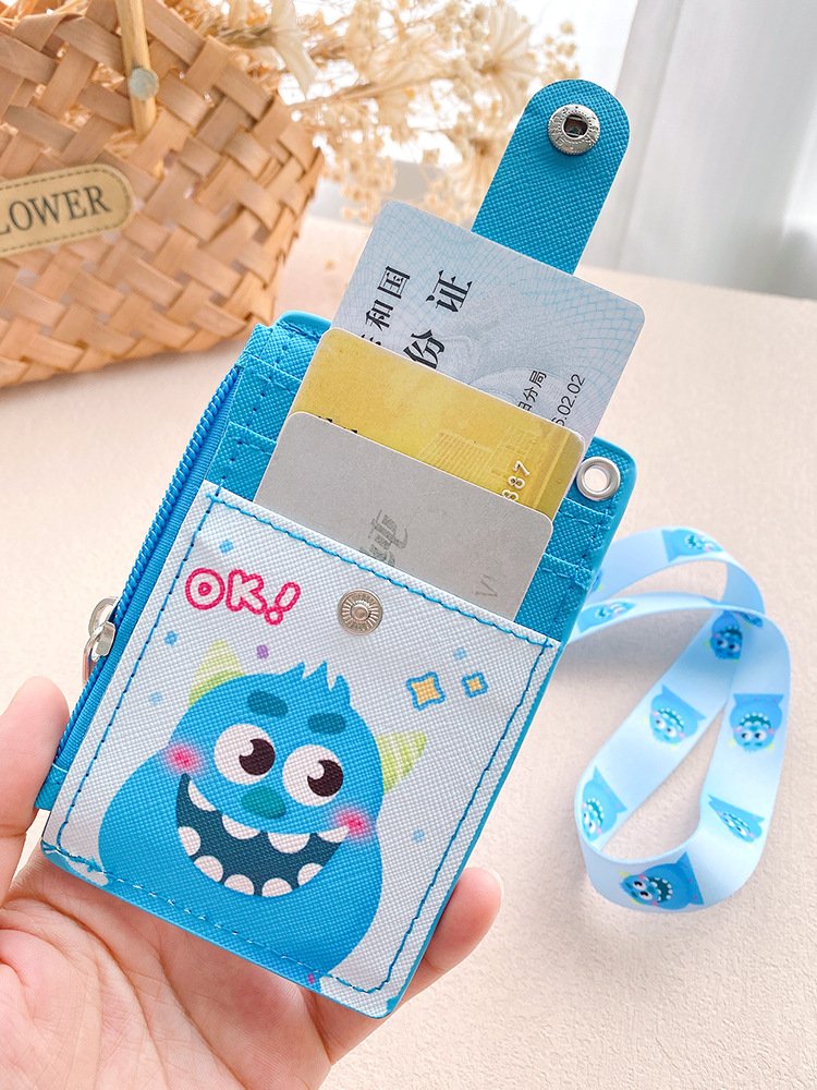 Stitches work id card holder lanyard cute leather id badge holder lanyard with coin wallet