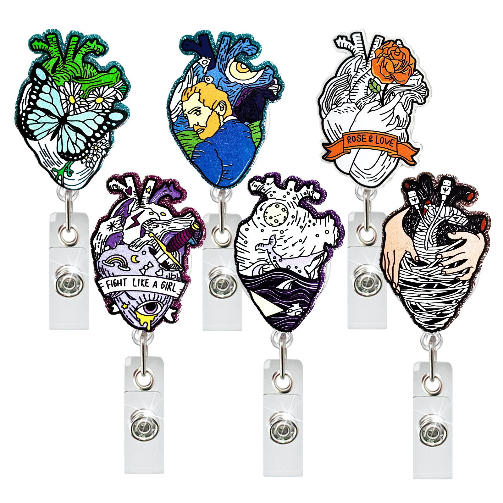 New Fashion Acrylic Heart Glitter Nurse Accessories ID Name Card Holder Retractable badge reel holder for Nursing Doctor
