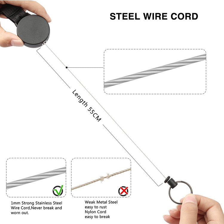 P-081 Custom Logo Stainless Steel Strong Wire Metal Retractable Badge Reels Holder Multitool Heavy Duty Retractable Keychain