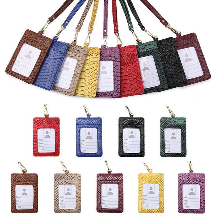 Custom Logo Ins Hot Sales Snake Skin Print Pu Leather Work School ID Card Nurse Badge Holder with Retractable Lanyard