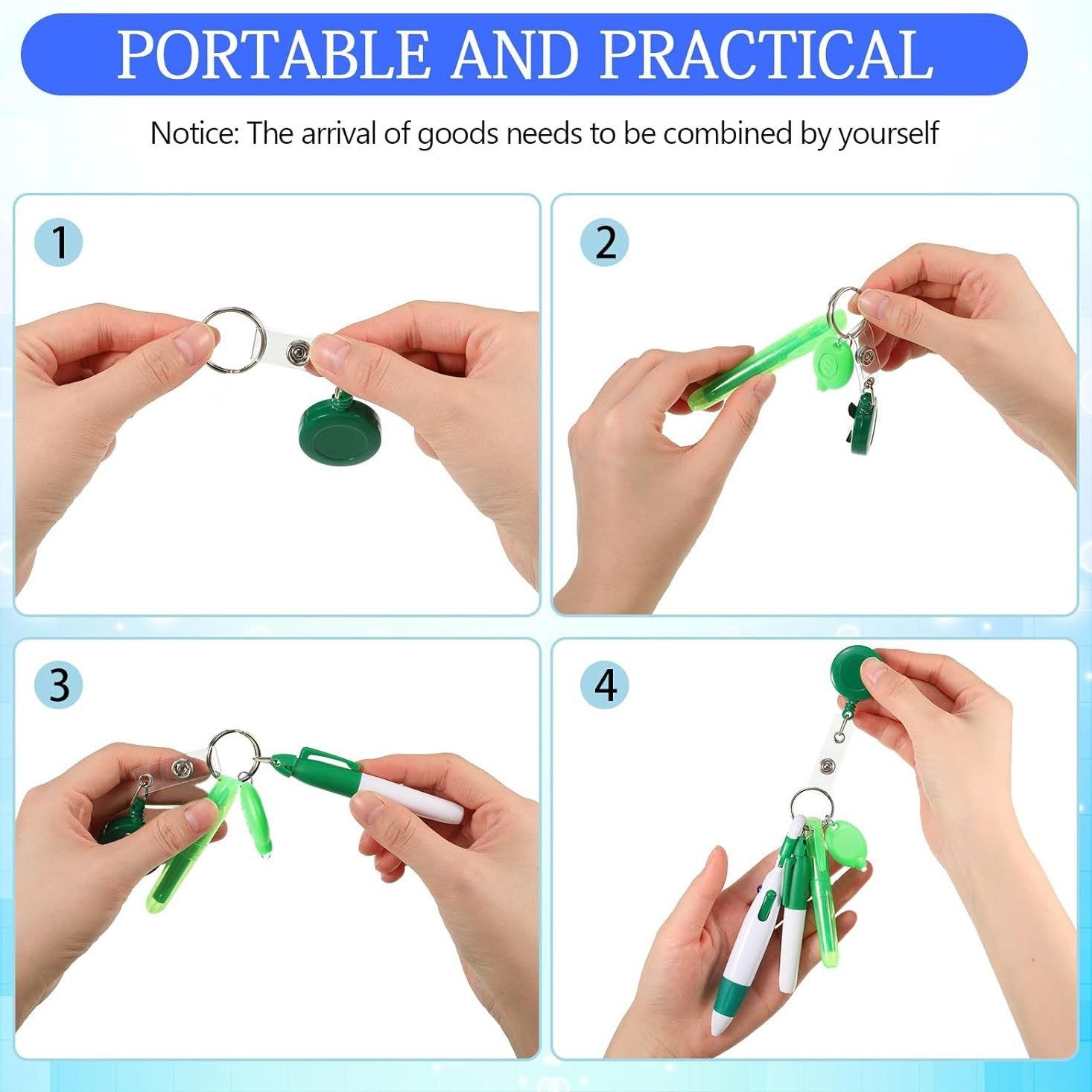 Custom 5 in 1 Retractable Shuttle Pen Set Mini Highlighter Neon Marker Pen Key Chain Flashlight Badge Reel Holder With Light