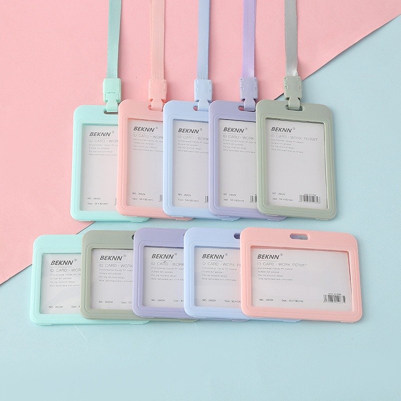 Wholesale Macaron Color Hard ABS Plastic ID Card Holder Student School Badge Card Holder With Neck Lanyard