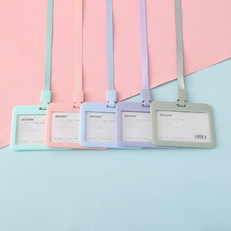 Wholesale Macaron Color Hard ABS Plastic ID Card Holder Student School Badge Card Holder With Neck Lanyard