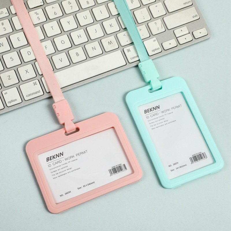 Wholesale Macaron Color Hard ABS Plastic ID Card Holder Student School Badge Card Holder With Neck Lanyard