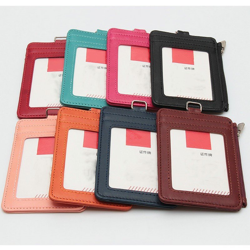 Vertical PU Leather Badge Holder 5 Card Slots and 1Side Zipper Blocking Pocket ID Card Holder Wallet
