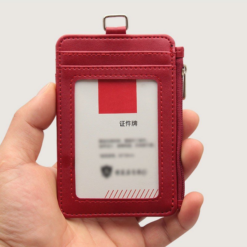 Vertical PU Leather Badge Holder 5 Card Slots and 1Side Zipper Blocking Pocket ID Card Holder Wallet