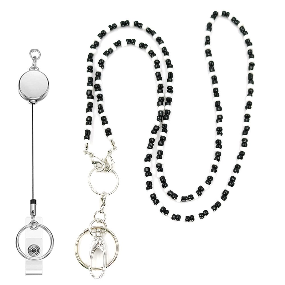 2024 fashion black and white beads ID lanyard necklace work badge pendant long sweater chain